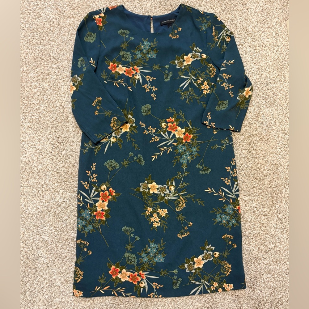 Banana Republic Slate Blue and Botanical Floral Print Shift Dress in Size 4